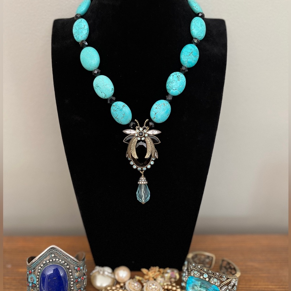 Turquoise Beaded Necklace with Silver and Black Stone Beatle Pendant